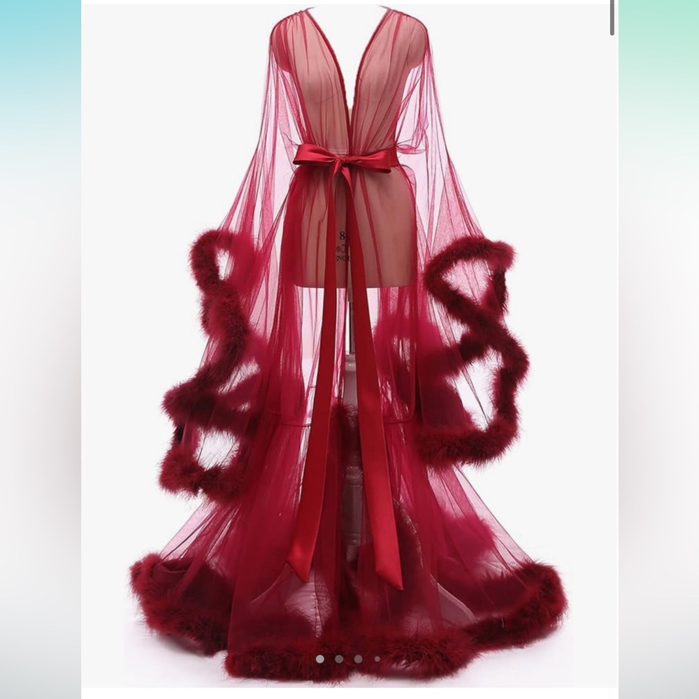 Elegant Red Sheer Robe with Feather Trim
